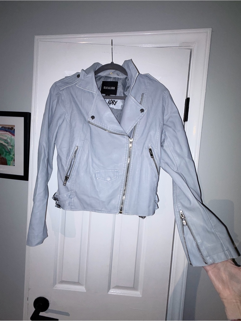 Esaller Women's Pastel Blue Faux Leather Moto Jacket